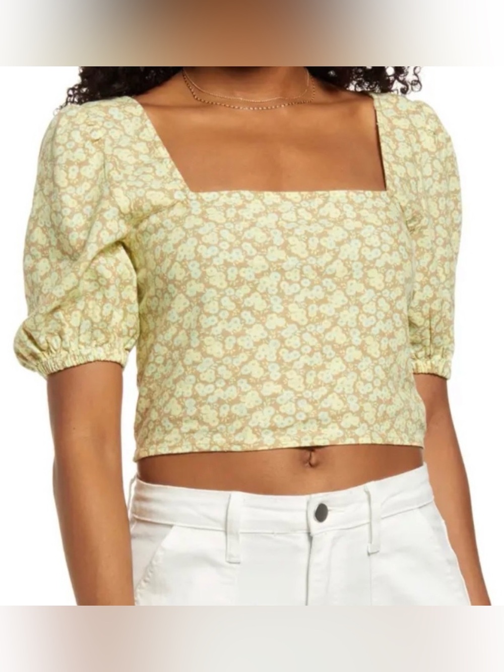 bp Floral Square-Neck Crop Top - Light Yellow